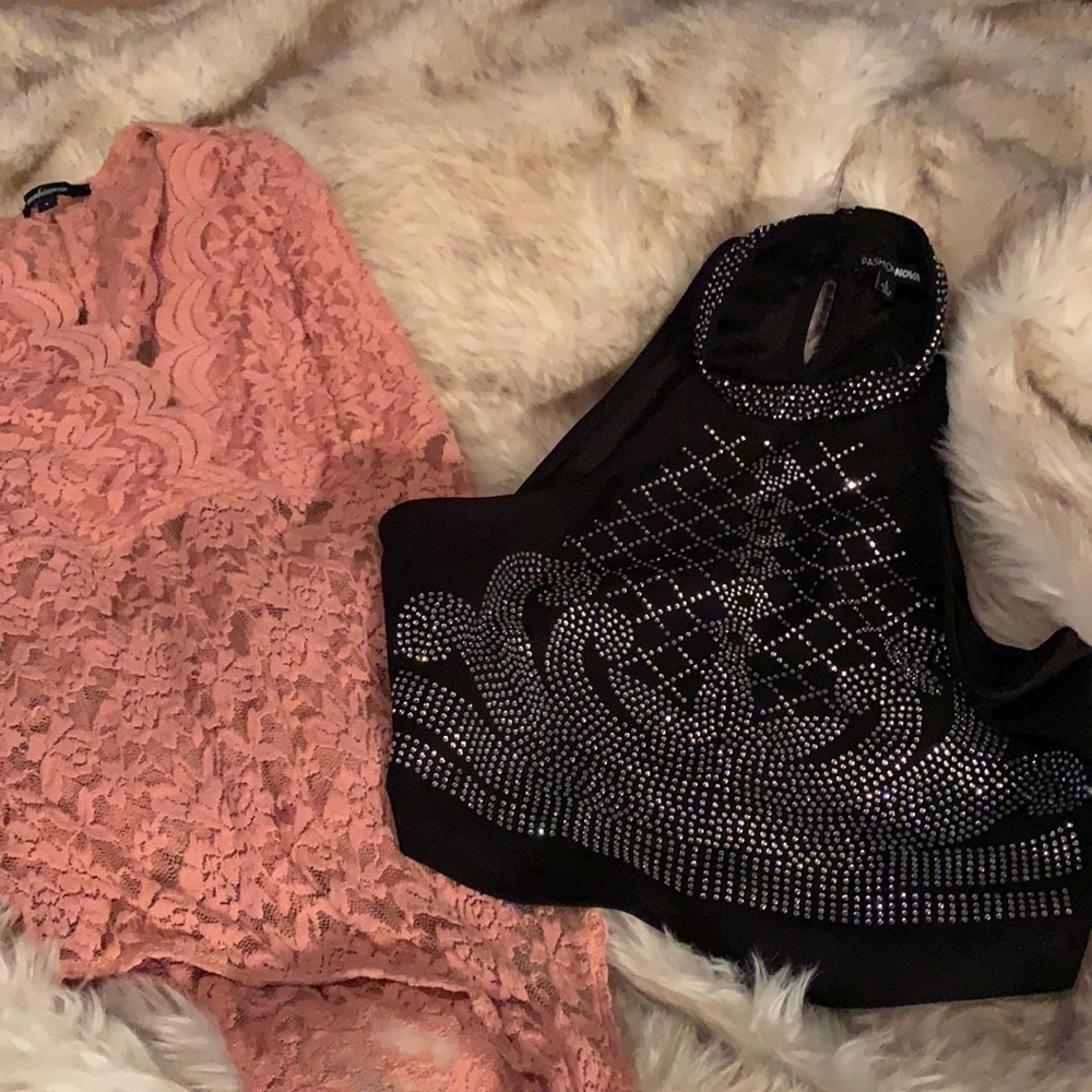 Large fashion nova black top and a pink large lacy body suit bundle